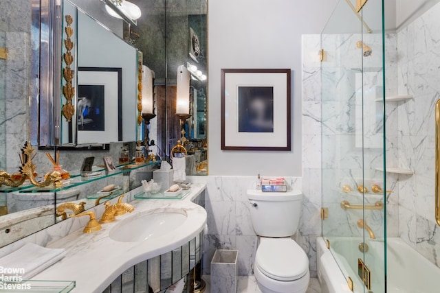 full bathroom with tiled shower / bath combo, vanity, tile walls, and toilet