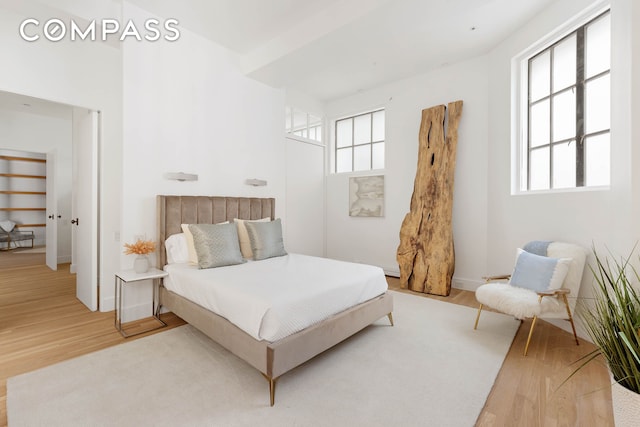 bedroom featuring multiple windows, baseboards, and wood finished floors