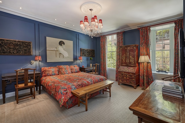 6 Sutton Sq, New York City, NY 10022 - carpeted bedroom with crown molding, a chandelier, multiple windows, and recessed lighting