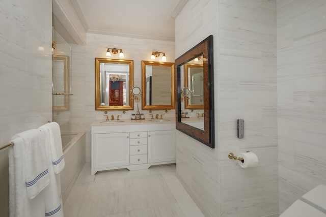 6 Sutton Sq, New York City, NY 10022 - full bathroom featuring double vanity, ornamental molding, tile walls, and a tub