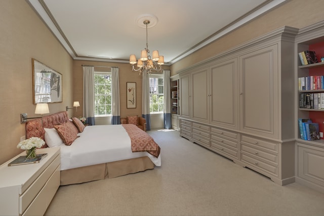 6 Sutton Sq, New York City, NY 10022 - bedroom featuring a chandelier, light colored carpet, and crown molding