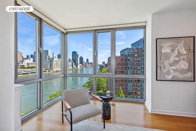 living area featuring a wall of windows, a view of city, baseboards, and wood finished floors