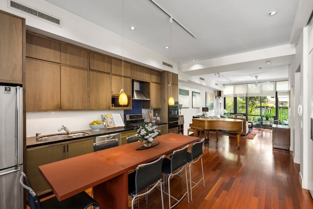 kitchen featuring sink, appliances with stainless steel finishes, floor to ceiling windows, track lighting, and wall chimney exhaust hood