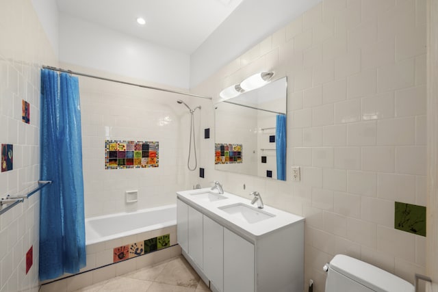 full bathroom featuring tile walls, tile patterned flooring, vanity, toilet, and shower / bathtub combination with curtain