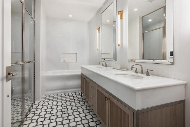 bathroom with vanity and walk in shower