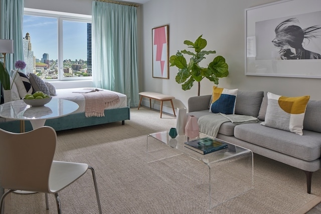 bedroom featuring a city view and carpet