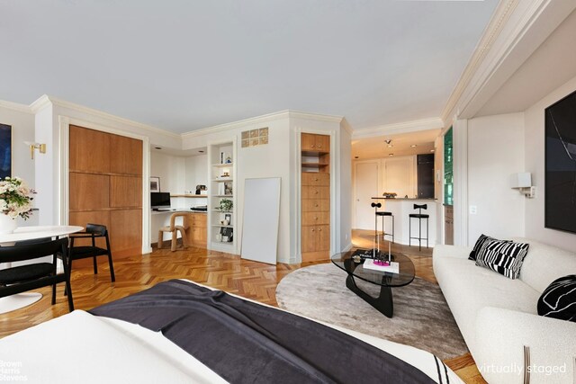 unfurnished living room featuring carpet floors and crown molding