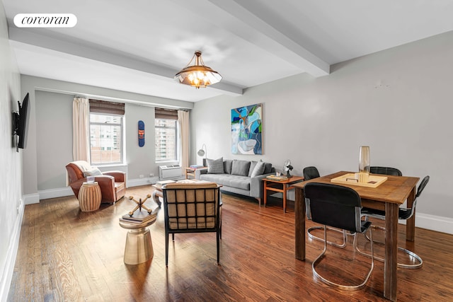 living room featuring beamed ceiling, wood finished floors, visible vents, and baseboards