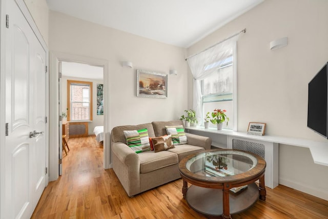 living room featuring radiator heating unit and light wood-type flooring