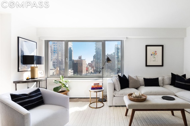 living area featuring a view of city and wood finished floors