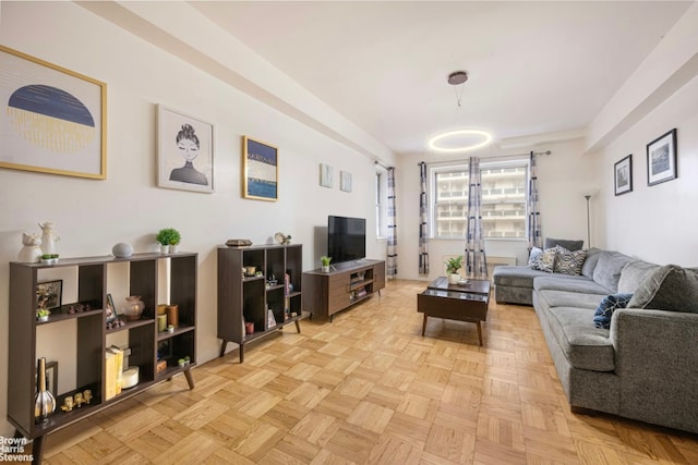 living room featuring light parquet floors