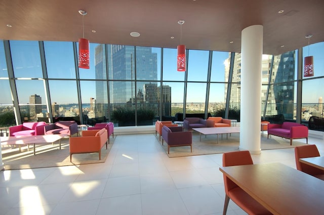 building lobby featuring a view of city