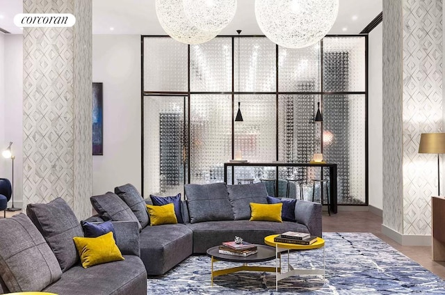 living room featuring an inviting chandelier