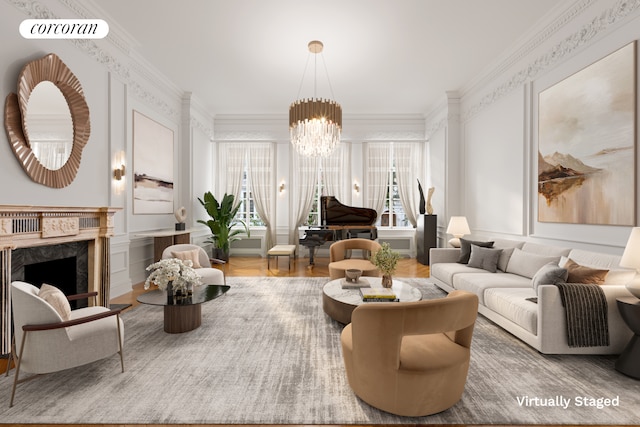 living area featuring a fireplace, crown molding, visible vents, an inviting chandelier, and wood finished floors