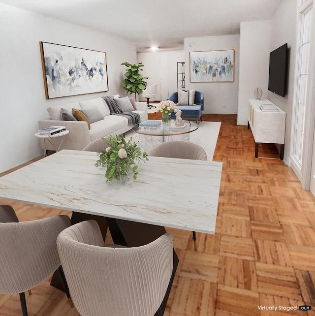 living room featuring light parquet flooring