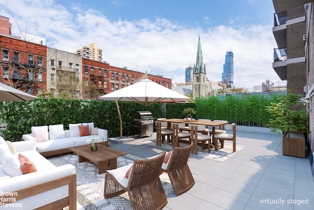 175 W 95th St Unit 2C, New York City, NY 10025 - view of patio featuring outdoor lounge area, outdoor dining area, a view of city, and a grill