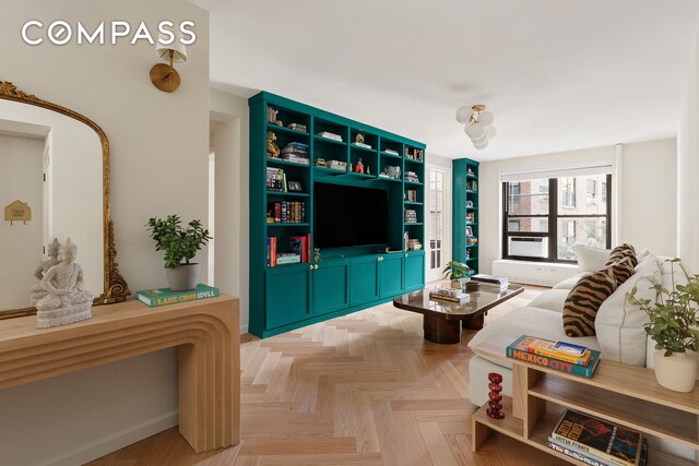 living room with parquet floors