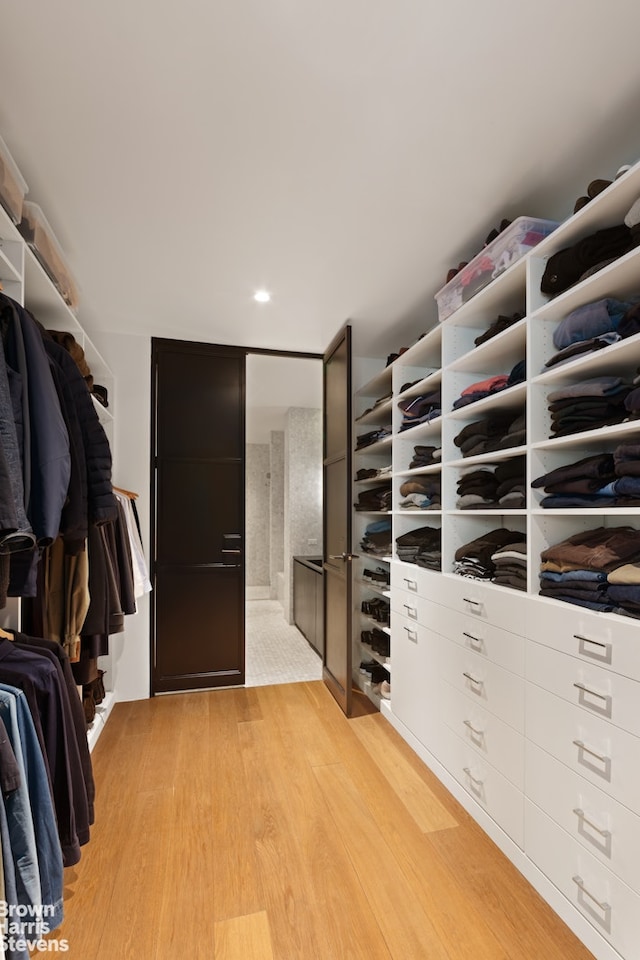 walk in closet with light wood finished floors