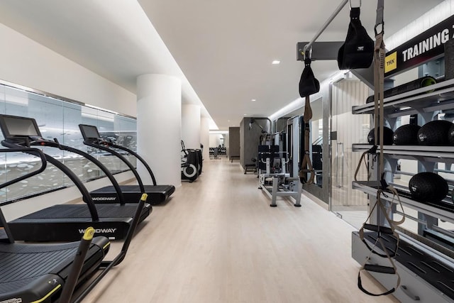 workout area featuring light hardwood / wood-style flooring