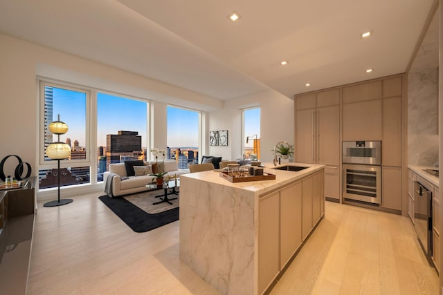 kitchen featuring a sink, light wood-style flooring, open floor plan, and a center island with sink