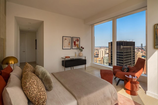 bedroom featuring a city view and baseboards