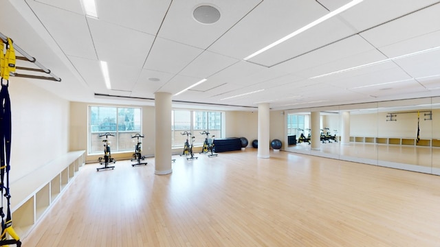 exercise room with hardwood / wood-style floors