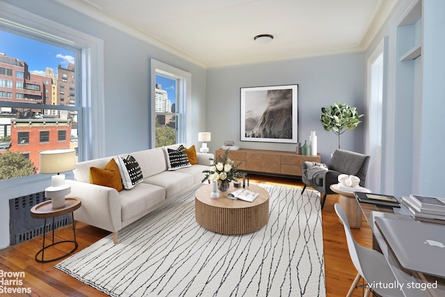 living room with wood-type flooring, crown molding, and a healthy amount of sunlight