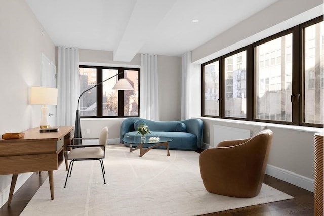 living room featuring beamed ceiling and dark parquet flooring