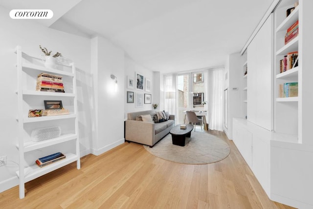 living room with built in features and light hardwood / wood-style floors