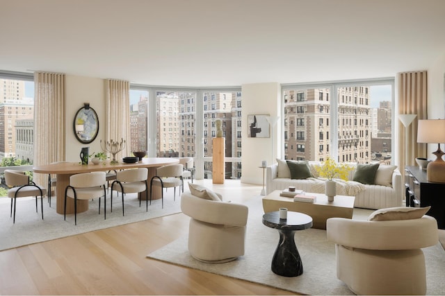 living area featuring a view of city, expansive windows, and wood finished floors