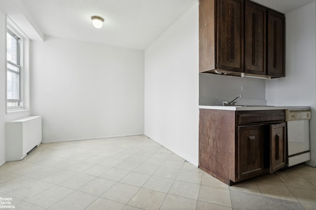 kitchen with a sink, dark brown cabinetry, light countertops, and dishwasher