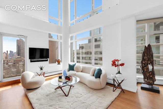 living area with a baseboard heating unit, wood finished floors, baseboards, and a towering ceiling