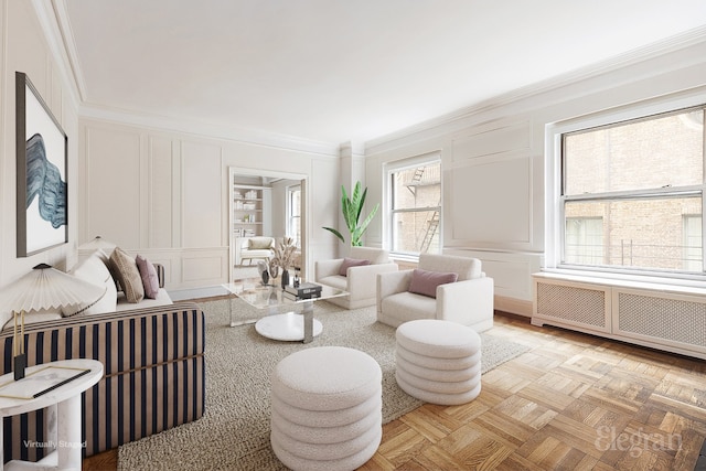 sitting room featuring radiator, ornamental molding, and a decorative wall