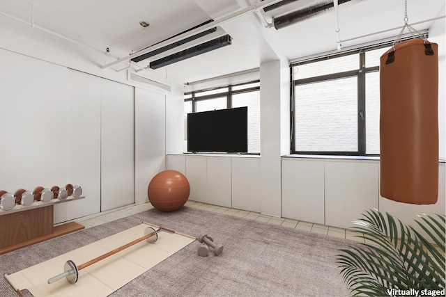 exercise room with a healthy amount of sunlight and carpet flooring