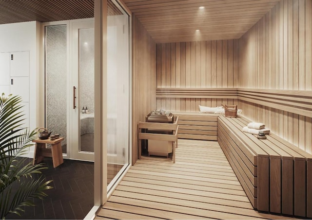 view of sauna / steam room featuring parquet floors