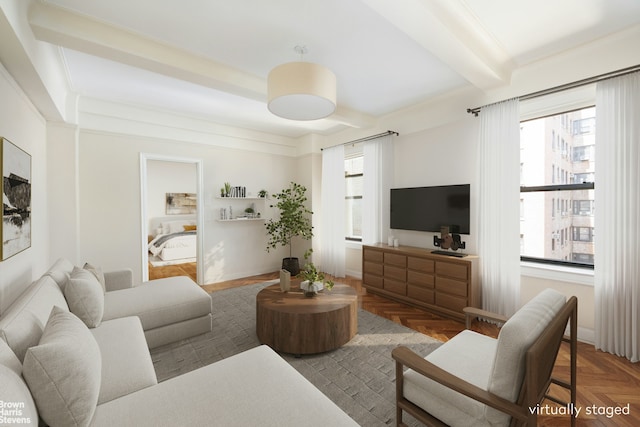 living room with beamed ceiling and baseboards