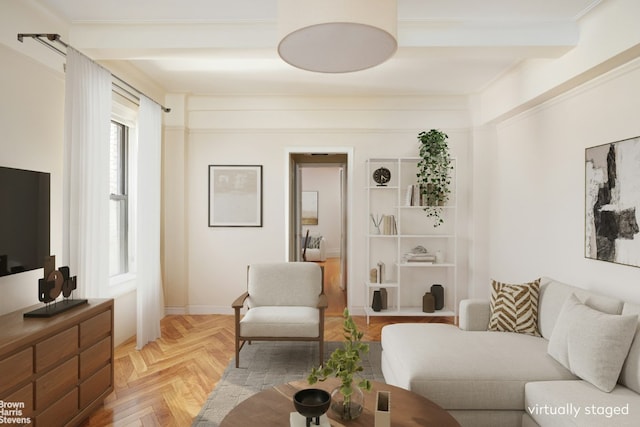 living room featuring beamed ceiling