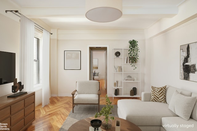 living area featuring baseboards and beam ceiling