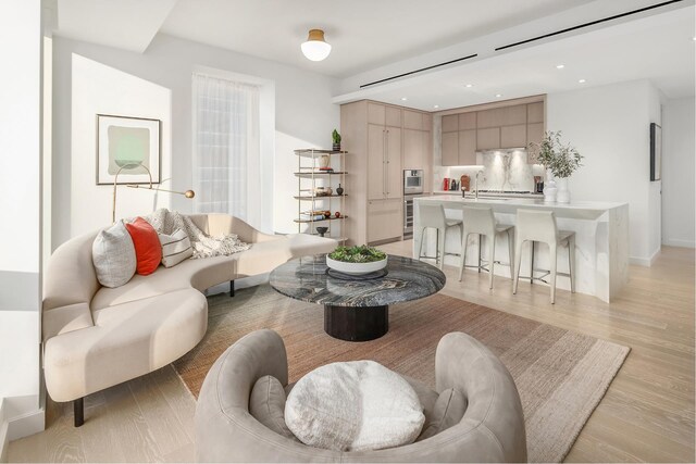 living room featuring sink and light hardwood / wood-style flooring