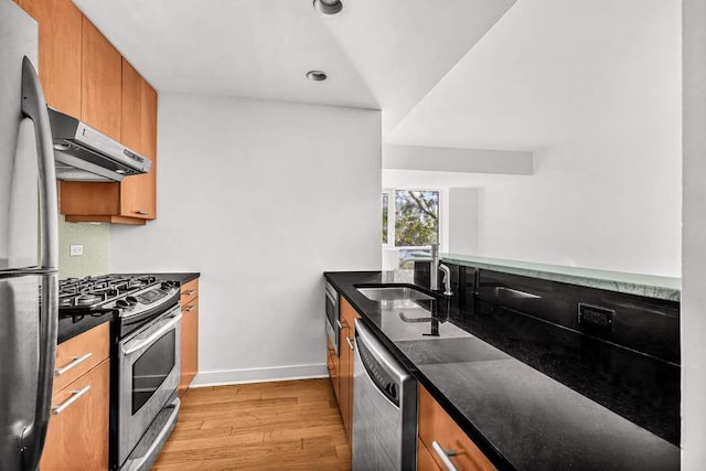 kitchen featuring appliances with stainless steel finishes, sink, and light wood-type flooring