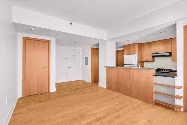 kitchen featuring electric panel, white fridge, tasteful backsplash, kitchen peninsula, and light wood-type flooring