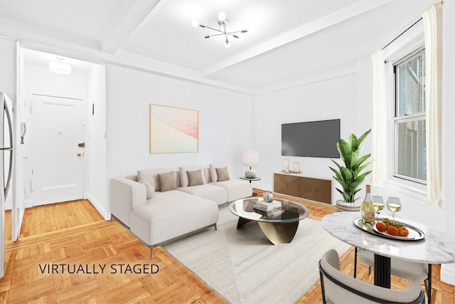 345 W 55th St Unit 7-D, New York City, NY 10019 - living room with beamed ceiling