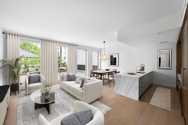 living room featuring light wood-type flooring and baseboards