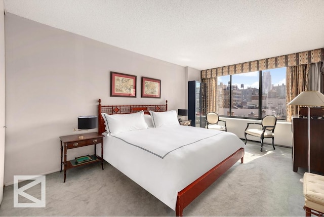 carpeted bedroom with a textured ceiling