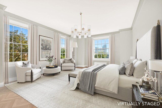 bedroom with crown molding and wood-type flooring