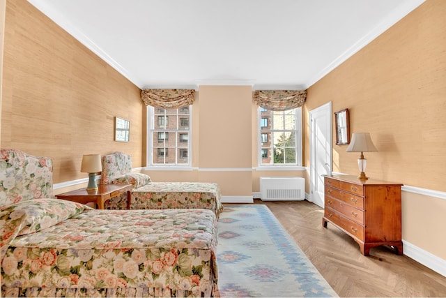 1 Sutton Pl S Unit 4C, New York City, NY 10022 - bedroom featuring radiator, baseboards, ornamental molding, an accent wall, and wallpapered walls