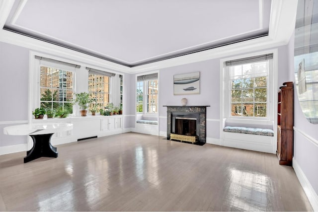 living room featuring hardwood / wood-style flooring, a premium fireplace, a raised ceiling, and a wealth of natural light