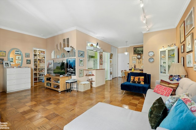 living area with track lighting and crown molding