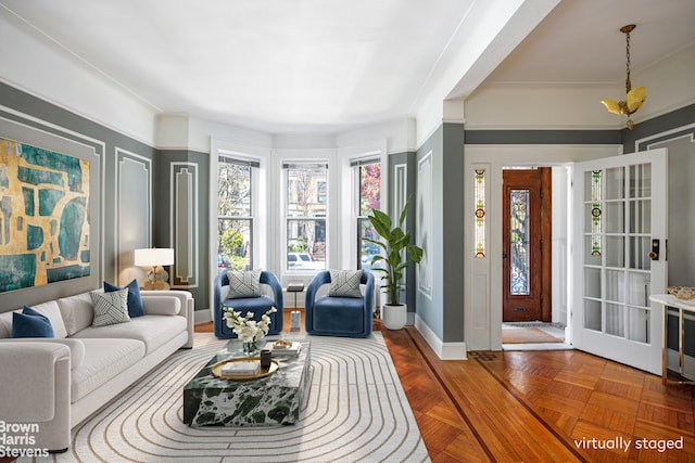 interior space featuring parquet flooring