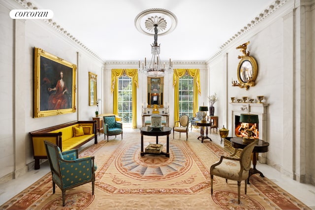 stairs featuring a chandelier, concrete floors, and ornamental molding